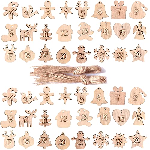 YIEUR 48 Stück 2 sets Adventskalender Zahlen Holz Nummer 1-24 Weihnacht Adventskalender Zahlen Anhänger mit Schnur Weihnachts-Countdown-Kalender Christbaumschmuck (A) von YIEUR