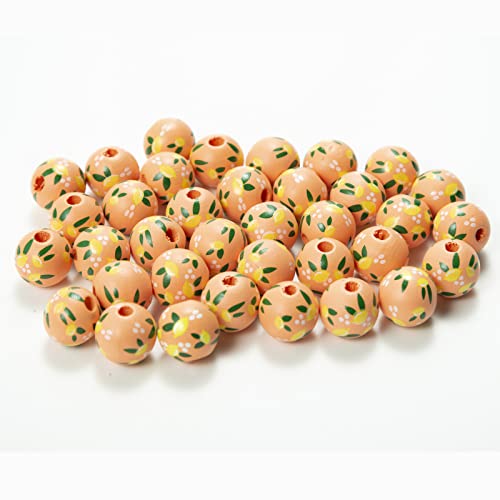 YIEUR 50 Stück Holzperlen blume runde, 16mm bunte lose Holz perlen mit Loch zum auffädeln, Handgefertigt Holzkugeln für DIY Handwerk Herstellung(orange) von YIEUR