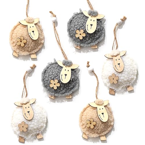 YIEUR 6 Stücke Anhänger Ostern Schafe aus Holz und Filz, 8cm Osterschäfchen mit Schnur Ostern Deko, Holz Osteranhänger im weiß grau beige für Draußen Tischdeko Garten Deko(Mix) von YIEUR