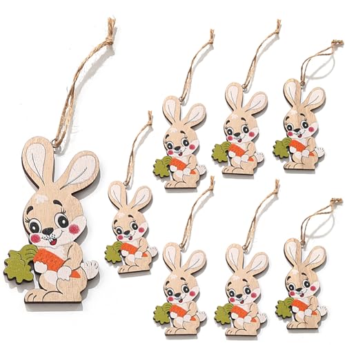YIEUR 8 Stücke Ostern Anhänger Hase aus Holz, 8cm Osterhasen zum aufhängen mit Schnur Ostern Deko, Osteranhänger Holz für Draußen Tischdeko Garten Deko(Hase) von YIEUR