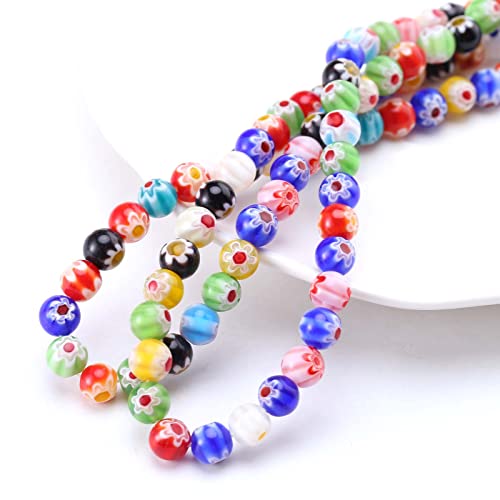 YIEUR 98 Stück Glasperlen runde bunte gedruckt, 8mm Glas Perlen mit Loch, 2 Stränge bunte Spacer Blumen Perlen runde Bastelperlen mit Blumen für DIY Schmuckherstellung (8mm) von YIEUR