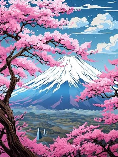 Diamond Painting Erwachsene Berg Fuji Diamant Painting Bilder Rosa Kirschblüten, 5D Diamond-Painting Groß 50x70 cm, DIY Diamant Malerei Set Mosaikherstellung Bastelset für Wanddekoration -RD1283 von YIFEIYANYFY