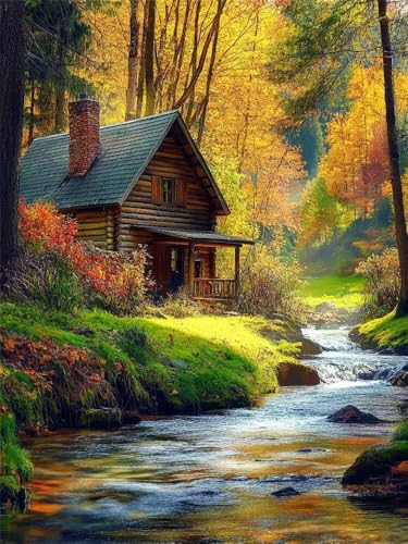 Diamond Painting Erwachsene Fluss-Chalet Diamant Painting Bilder Natürliche Landschaft, 5D Diamond-Painting Groß 50x80 cm, DIY Diamant Malerei Set Mosaikherstellung für Wanddekoration -RD1147 von YIFEIYANYFY