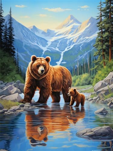 Diamond Painting Erwachsene Flussbär Diamant Painting Bilder Verschneite Berge, 5D Diamond-Painting Groß 50x80cm, DIY Diamant Malerei Set Mosaikherstellung Bastelset für Wanddekoration -RD1308 von YIFEIYANYFY