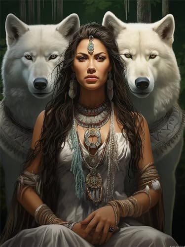 Diamond Painting Erwachsene Indische Frau Diamant Painting Bilder Weißer Wolf, 5D Diamond-Painting Groß 40x60 cm, DIY Diamant Malerei Set Mosaikherstellung Bastelset für Wanddekoration -RD1299 von YIFEIYANYFY