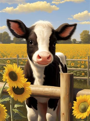Diamond Painting Erwachsene Kalb Diamant Painting Bilder Sonnenblume, 5D Diamond-Painting Groß 60x80 cm, DIY Diamant Malerei Set Mosaikherstellung Bastelset als Geschenk für Wanddekoration -RD1151 von YIFEIYANYFY