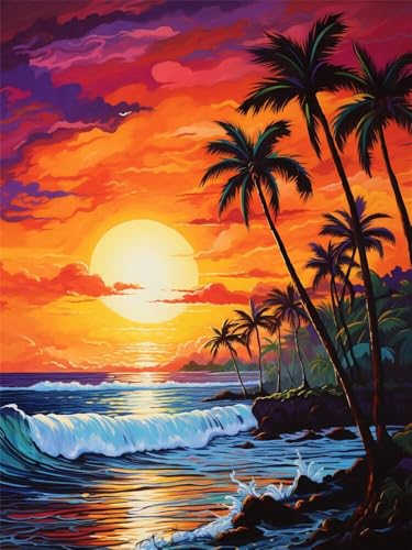 Diamond Painting Erwachsene Kokosnuss Meer Diamant Painting Bilder Vollmond-Landschaft, 5D Diamond-Painting Groß 60x80 cm, DIY Diamant Malerei Set Mosaikherstellung für Wanddekoration -RD1315 von YIFEIYANYFY