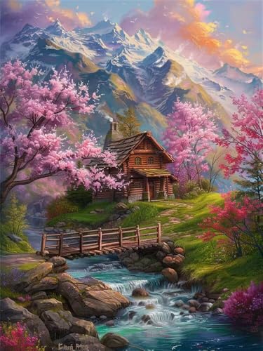 Diamond Painting Erwachsene Snowy Mountain Brücke Fluss Diamant Painting Bilder Landschaft, 5D Diamond-Painting Groß 60x80 cm, DIY Diamant Malerei Set Mosaikherstellung für Wanddekoration -RD1319 von YIFEIYANYFY