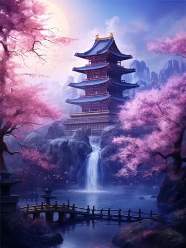 Diamond Painting Erwachsene Turm Wasserfall Diamant Painting Bilder Japanische Landschaft, 5D Diamond-Painting Groß 70x100cm, DIY Diamant Malerei Set Mosaikherstellung für Wanddekoration -RD1320 von YIFEIYANYFY