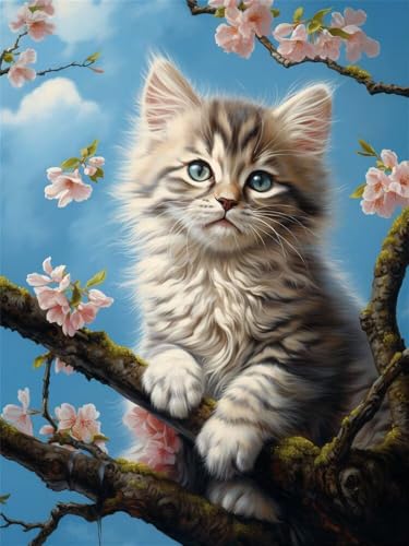 Diamond Painting Kätzchen 30x40cm, 5D Diamant Painting Bilder für Erwachsene und Anfänger, DIY Diamond Painting Set Baumzweig Full Diamant Kunst Malerei Stickerei Kits für Home Wand Décor -RD1154 von YIFEIYANYFY
