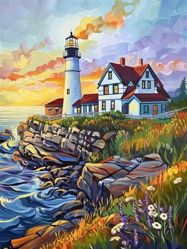 Diamond Painting Leuchtturm Haus xxl 60x80cm, 5D Diamant Painting Bilder für Erwachsene und Anfänger, DIY Diamond Painting Set Landschaft Full Drill Diamant Kunst Malerei für Home Wand Décor -RD1294 von YIFEIYANYFY