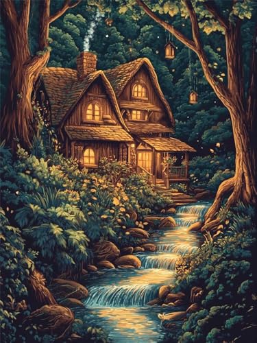 Diamond Painting Wald-Chalet 40x50cm, 5D Diamant Painting Bilder für Erwachsene und Anfänger, DIY Diamond Painting Set Flüsse Full Diamant Kunst Malerei Stickerei Kits für Home Wand Décor -RD1146 von YIFEIYANYFY