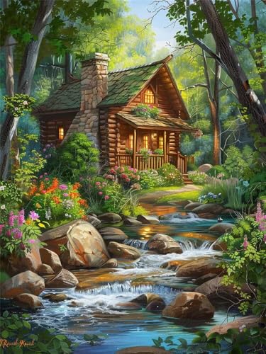 Diamond Painting Waldhaus xxl 60x80 cm, 5D Diamant Painting Bilder für Erwachsene und Anfänger, DIY Diamond Painting Set Fluss Full Drill Diamant Kunst Malerei Kits für Home Wand Décor -RD1297 von YIFEIYANYFY