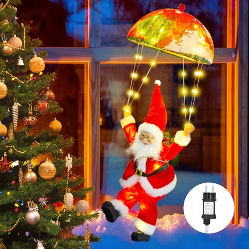 Weihnachtsmann Fallschirm Lichterkette, 63CM 70 LED Weihnachten lichterkette Stecker mit Timer, 8 Modi, Weihnachtsbeleuchtung für Innen Außen Weihnachtsdeko Fenster Weihnachtsbaum Balkon (Warmweiß) von YIFMOO