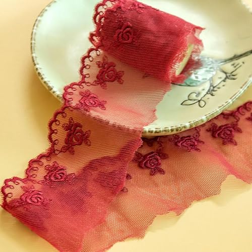 YIGOOWN 4CM Breite Spitzenband Mesh-Spitze Vintage Spitzenborte Spitzenbordüre Spitze Blumenband Dekoband Spitze Borte für Nähen DIY Basteln Dessous Hochzeitskleid Hochzeit (Weinrot, 5 Yard) von YIGOOWN