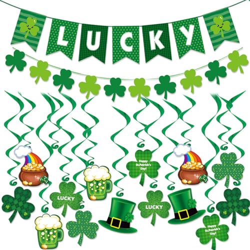 YIGZYCN Green Patricks Day Luck Banner-Set, hängende Wirbel, Kleeblatt, irische Dekoration, Partyzubehör, Urlaubszubehör YIGZYCN Green Patricks Day Luck Banner-Set, hängende Wirbel, Kleeblatt, irische Dekoration, Partyzubehör, Urlaubszubehör von YIGZYCN