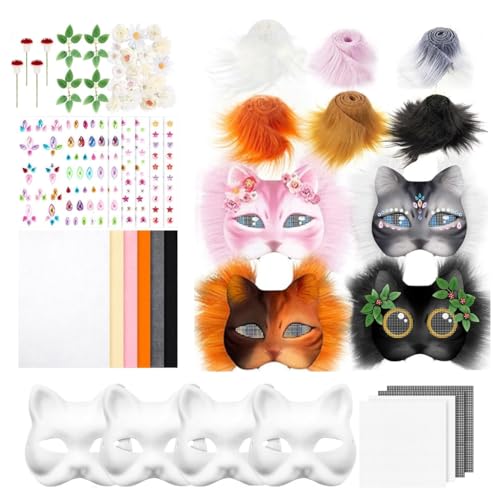YIGZYCN Katzen-Gesichtsmaske, unlackiert, Masken-Set, mit Netzstoff, pelziger Rand, Aufkleber, Filztuch für Halloween, Cosplay, 4 Stück YIGZYCN Katzen-Gesichtsmaske, unlackiert, Masken-Set, mit Netzstoff, pelziger Rand, Aufkleber, Filztuch für Halloween, Cosplay, 4 Stück von YIGZYCN