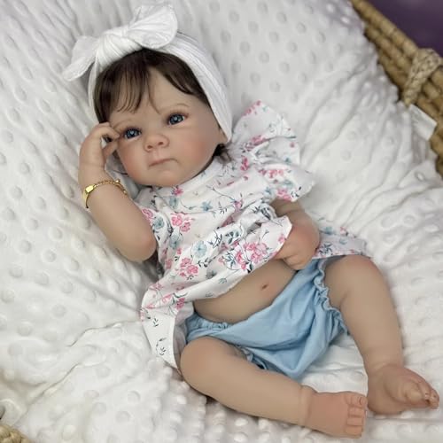YIHANGG 48cm Lebensechte Reborn Babypuppen Mädchen mit Braunen Haaren Reborn Puppe Vollsilikon Augen Offen Neugeborenes Geburtstag Weihnachten Geschenk von YIHANGG