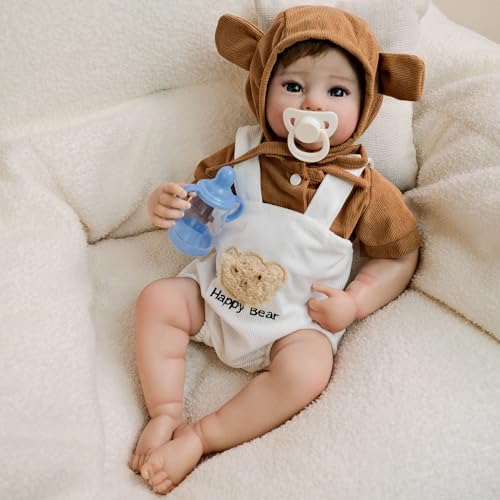 YIHANGG 49cm Reborn Baby Vollsilikon Lebensecht Mädchen Offene Augen Reborn Babypuppen Wie Echt Neugeborene Braunes Haar Reborn Puppe Geburtstag Weihnachten Geschenke von YIHANGG