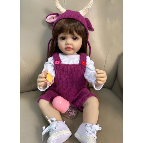 YIHANGG 55cm Babypuppen wie Echt Mädchen mit Braunem Haar Lebensecht Reborn Baby Doll Neugeborenes Offene Augen Reborn Puppe Geburtstag Weihnachten Geschenk von YIHANGG