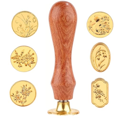 Wachssiegel-Stempel-Set, Blumenstempel, Messingkopf und Holzgriff, für Umschläge, Einladungen, Hochzeiten, Grußkarten, Geschenk (6 Stück Blütenkopf) von YIHUANYIFA