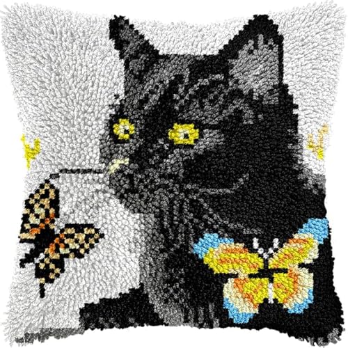 YIJIEHH DIY Knüpfkissen Set Knüpfhaken-Set Mit Schwarze Katze Und Schmetterling, Kissen, DIY-Teppich, Häkelnadel, Kissenherstellungs-Set Mit Vorgedruckter Musterleinwand 17x17in YIJIEHH DIY Knüpfkissen Set Knüpfhaken-Set Mit Schwarze Katze Und Schmetterling, Kissen, DIY-Teppich, Häkelnadel, Kissenherstellungs-Set Mit Vorgedruckter Musterleinwand 17x17in von YIJIEHH