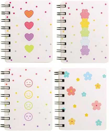 YIKANGHENG Kleines Spiralnotizbuch, 4 Stück, A7, 8,9 x 10,5 cm, 4 Stile, dicke Hardcover-Seiten, 80 Blatt/160 Seiten für Studium und Notizen, Rosa von YIKANGHENG