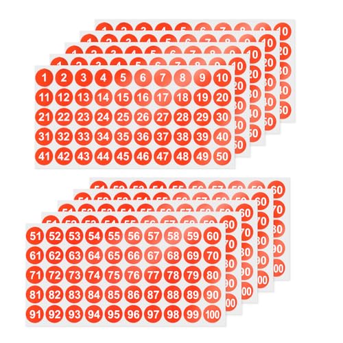 YIKIADA Orange Nummer Aufkleber 25 mm Vinyl 10 Blatt 1 bis 100 Wasserdicht Zahlen Klebepunkte Selbstklebende Etiketten für Büro Heim Kinder 500 Stück von YIKIADA