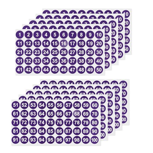 YIKIADA Violett Nummer Aufkleber 25 mm Vinyl 10 Blatt 1 bis 100 Wasserdicht Zahlen Klebepunkte Selbstklebende Etiketten für Büro Heim Kinder 500 Stück von YIKIADA