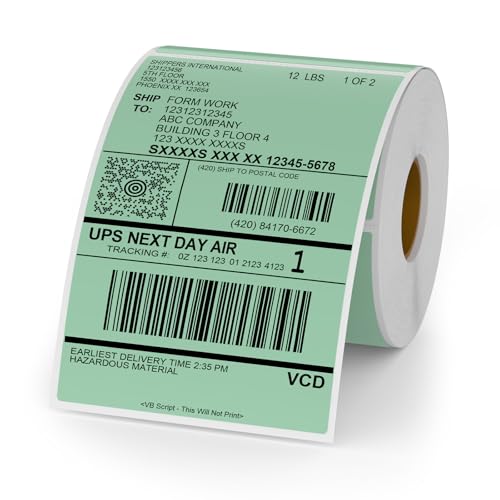 YIKIADA Grün Thermo-Etikett Vinyl 150 × 100 mm Rolle Perforierte Selbstklebend Thermodirekt Aufkleber Wasserdicht Versandetikette für Barcode QR Code 250 Stück von YIKIADA