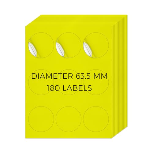 YIKIADA Neon Gelb Universal Etiketten 63,5 MM Vinyl Selbstklebend Ablösbar Rund Aufkleber Bedruckbar Klebeetiketten Blanko Adressetiketten für Tintenstrahl- und Laserdruckern 180 Stück von YIKIADA