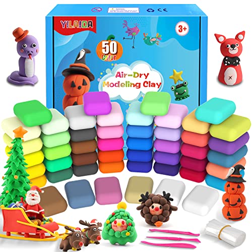Lufttrocknender Ton, 50 Farben, magischer Modellierton, sicher und ungiftig, ultraleichter Ton mit Modellierwerkzeugen, Kinderspielzeug und DIY-Geschenke von YILAIDA