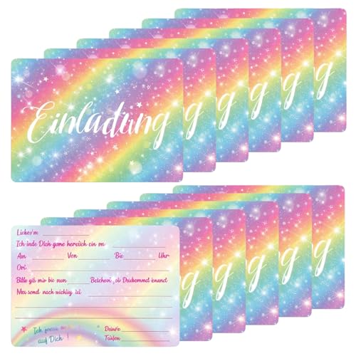 YILANJIN 12 Einladungskarten zum Kindergeburtstag, Regenbogen Glitzer, Coole Einladung für Mädchen und Jungen, Witzige Kinder Einladungskarte von YILANJIN