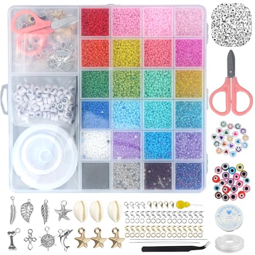 YILANJIN 16800 Stück 24 Bunte Glasperlen Set für Armbänder, Perlen zum Auffädeln für DIY Schmuckherstellung, Mini Rocailles Perlen, Buchstabenperlen, Spacer Perlen für Armbänder/Halsketten/Handwerk YILANJIN 16800 Stück 24 Bunte Glasperlen Set für Armbänder, Perlen zum Auffädeln für DIY Schmuckherstellung, Mini Rocailles Perlen, Buchstabenperlen, Spacer Perlen für Armbänder/Halsketten/Handwerk von YILANJIN