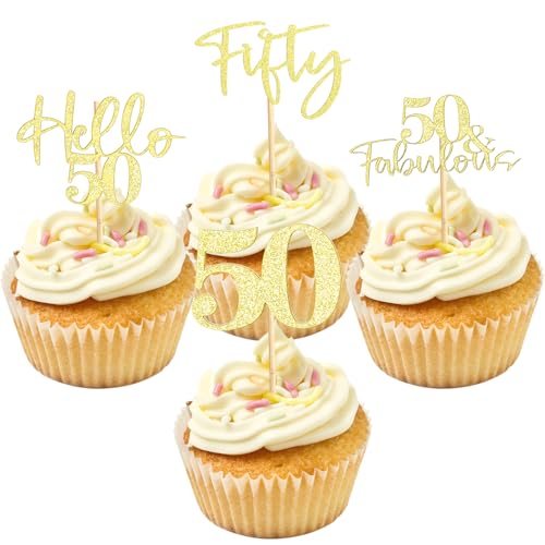 YILANJIN 24 Stück Glitzer Cupcake Topper 50. Geburtstag, Torten Deko für Party, 50 Jahre Jubiläum, Geburtstagsfeier Dekoration, Gold, Kuchendekoration YILANJIN 24 Stück Glitzer Cupcake Topper 50. Geburtstag, Torten Deko für Party, 50 Jahre Jubiläum, Geburtstagsfeier Dekoration, Gold, Kuchendekoration von YILANJIN