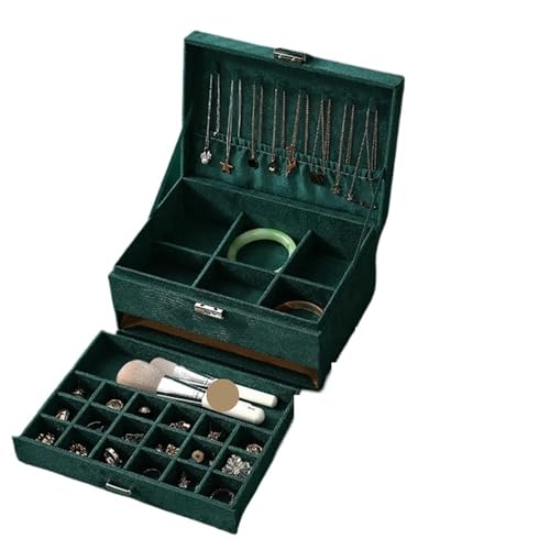 YILWPV Schmuckkästchen 3-lagiger grüner Schmuck-Organizer, großes Fassungsvermögen, Ring- und Halsketten-Make-up-Halter, Schmuckschatulle for Frauen mit Schloss(Small) von YILWPV