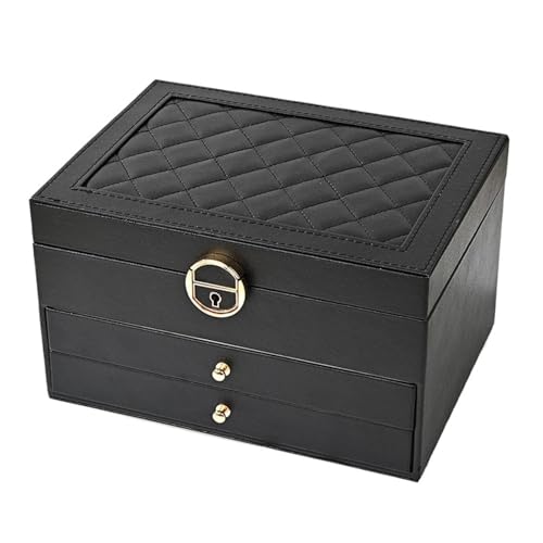YILWPV Schmuckkästchen Dreischichtige Schubladen-Typ-Schloss-Schmuck-Aufbewahrungsbox, Halskette, Ring, Ohr-Schmuck-Aufbewahrungsbox, Schmuckschatulle(Black) von YILWPV