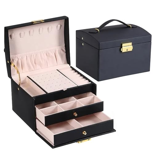 YILWPV Schmuckkästchen Schmuckschatulle, multifunktional, dreilagiges Leder, Schubladenstil, Schmuckschatulle, Ohrringe, Ohrringe, Schloss(Black) von YILWPV