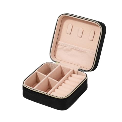YILWPV Schmuckkästchen Schmuckschatulle for Frauen, Halskette, Ring, Ohrringe, Organizer, Halter, Reise, tragbarer Reißverschluss, quadratischer Schmuck-Aufbewahrungskoffer(Black) von YILWPV