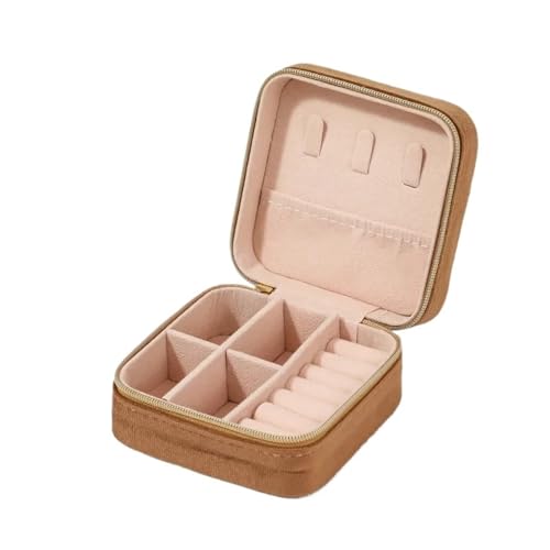 YILWPV Schmuckkästchen Schmuckschatulle for Frauen, Halskette, Ring, Ohrringe, Organizer, Halter, Reise, tragbarer Reißverschluss, quadratischer Schmuck-Aufbewahrungskoffer(Camel) von YILWPV