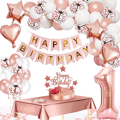 1 Geburtstag Deko, 1. Geburtstag Mädchen, 1 Jahr Geburtstagdeko, Happy Birthday Girlande Ballon Rosa Deko, Deko 1. Geburtstag Frauen, Rosegold Konfetti Luftballons, Birthday Party Decorations von YIMAKJ