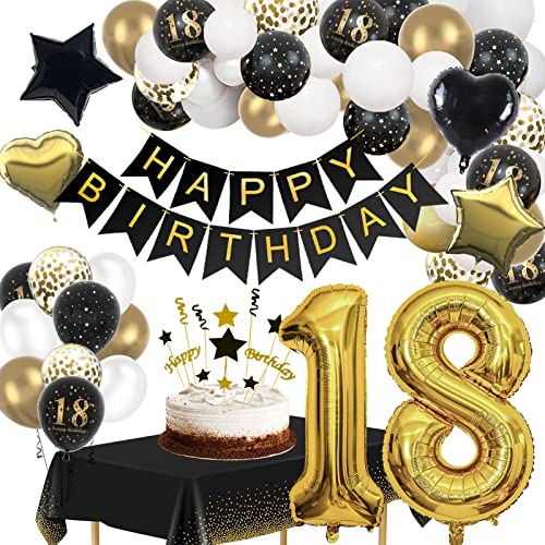 18 Geburtstag Deko, 18 Geburtstag Deko Mädchen Junge, Deko 18. Geburtstag Schwarz Gold Luftballons mit Happy Birthday Banner Tischdecken, Dekoration 18 Geburtstag für Birthday Party Deko von YIMAKJ