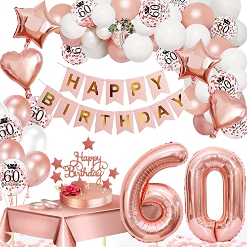 60 Geburtstag Deko, 60. Geburtstag Frauen, 60 Jahr Geburtstagdeko, Happy Birthday Girlande Ballon Rosa Deko, Deko 60. Geburtstag Damen, Rosegold Konfetti Luftballons, Birthday Party Decorations von YIMAKJ