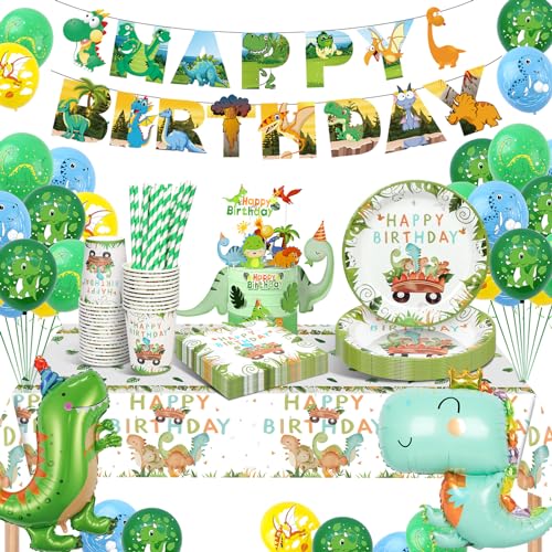 YIMAKJ Dinosaurier Geburtstag Geschirr Set, Partygeschirr Set Pappteller Kindergeburtstag, Dino Geburtstag Deko, Pappteller Tassen Servietten für Party Kindergeburtstag Deko Junge Mädchen 16 Gäste von YIMAKJ