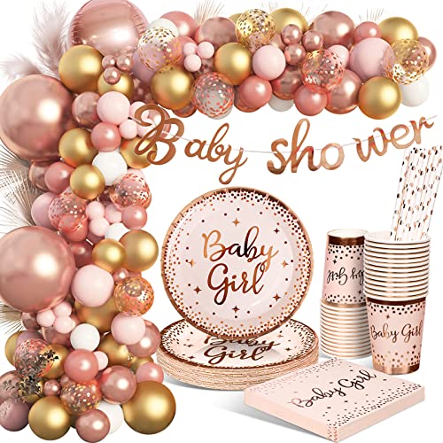 Rosegold Partygeschirr Set, Babyparty Deko Party Geschirr, Pappteller Kindergeburtstag mit Luftballons Tischdecken Tassen für Baby Shower Geburtstag Mädchen Mottoparty 16 Gäste von YIMAKJ