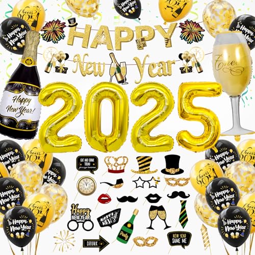 YIMAKJ Silvester Deko 2024 XXL Dekoration Set, 68-teiliges Neujahr Party Silvesterdeko, Happy New Year Banner, Folienballons, Fotorequisiten, Ballons, Silvesterpartydeko Accessoire für Silvesterparty von YIMAKJ