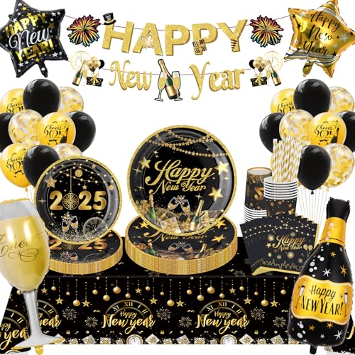 2025 Silvester Party Geschirr, Silvester Deko 2025XXL Dekoration, Happy New Year Partygeschirr Set, Silvester Tischdeko, Pappteller Banner Ballons Servietten für 2025 Silvester Dekoration Partyzubehör 2025 Silvester Party Geschirr, Silvester Deko 2025XXL Dekoration, Happy New Year Partygeschirr Set, Silvester Tischdeko, Pappteller Banner Ballons Servietten für 2025 Silvester Dekoration Partyzubehör von YIMAKJ