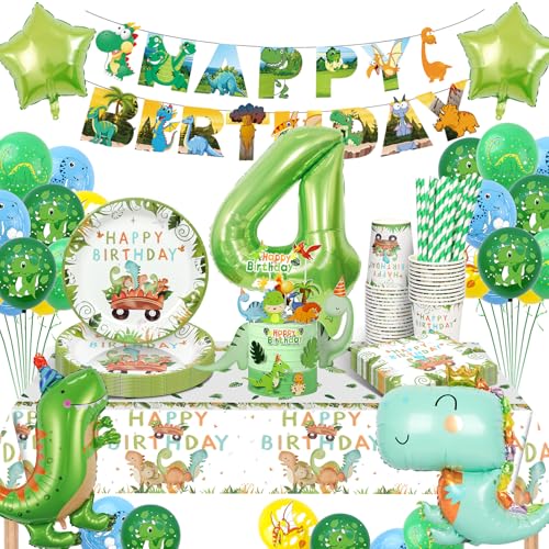 YIMAKJ Dino Geburtstag Deko 4 Jahre, Dinosaurier Kindergeburtstag Deko, Geburtstagsdeko 4 Jahr Junge, Dinosaurier Pappteller Dino Servietten Tassen Luftballons für Dino Deko Kindergeburtstag 16 Gäste YIMAKJ Dino Geburtstag Deko 4 Jahre, Dinosaurier Kindergeburtstag Deko, Geburtstagsdeko 4 Jahr Junge, Dinosaurier Pappteller Dino Servietten Tassen Luftballons für Dino Deko Kindergeburtstag 16 Gäste von YIMAKJ