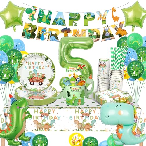 YIMAKJ Dino Geburtstag Deko 5 Jahre, Dinosaurier Kindergeburtstag Deko, Geburtstagsdeko 5 Jahr Junge, Dinosaurier Pappteller Dino Servietten Tassen Luftballons für Dino Deko Kindergeburtstag 16 Gäste YIMAKJ Dino Geburtstag Deko 5 Jahre, Dinosaurier Kindergeburtstag Deko, Geburtstagsdeko 5 Jahr Junge, Dinosaurier Pappteller Dino Servietten Tassen Luftballons für Dino Deko Kindergeburtstag 16 Gäste von YIMAKJ