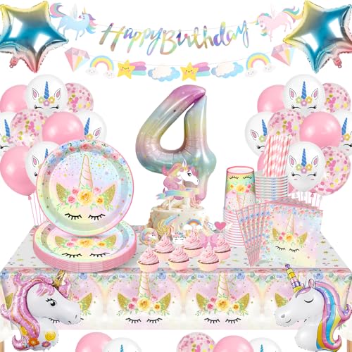 YIMAKJ Einhorn Geburtstag Partygeschirr, 4 Jahre Kindergeburtstag party Set, 4 Jahre MäDchen Geburtstagsdeko, Einhorn Luftballon Pappteller Tassen Servietten FüR Deko 4. Kindergeburtstag (16 Gäste) YIMAKJ Einhorn Geburtstag Partygeschirr, 4 Jahre Kindergeburtstag party Set, 4 Jahre MäDchen Geburtstagsdeko, Einhorn Luftballon Pappteller Tassen Servietten FüR Deko 4. Kindergeburtstag (16 Gäste) von YIMAKJ